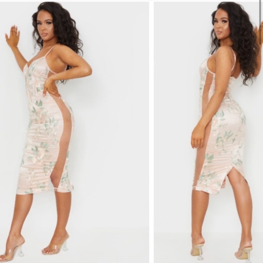 Embroidered mesh insert nude dress